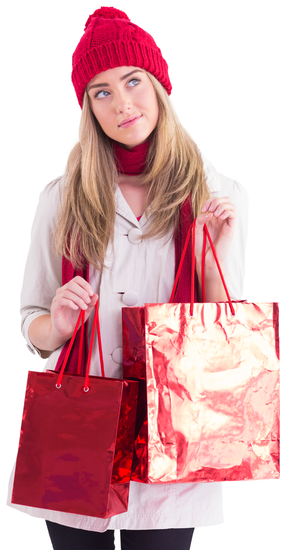 Blond Woman Holding Red Shopping Bags in Winter Clothing, Transparent - Download Free Stock Images Pikwizard.com