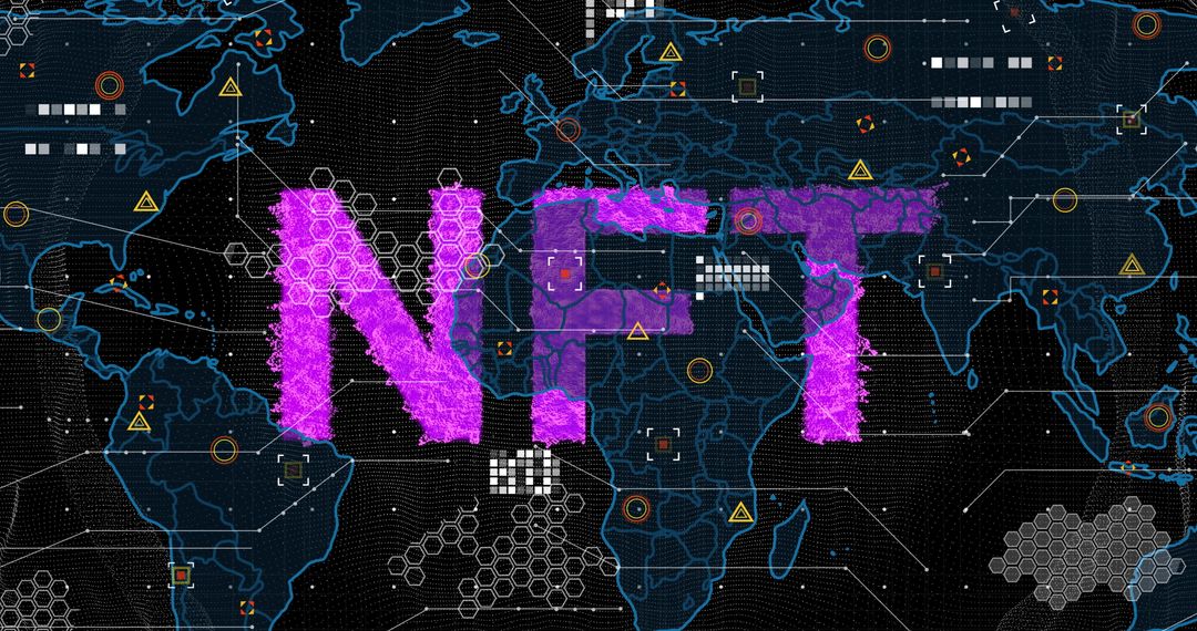 NFT Concept on Digital World Map with Network and Data Graphics