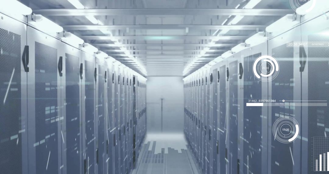 Futuristic Data Center Interior with Digital Interface Analytics