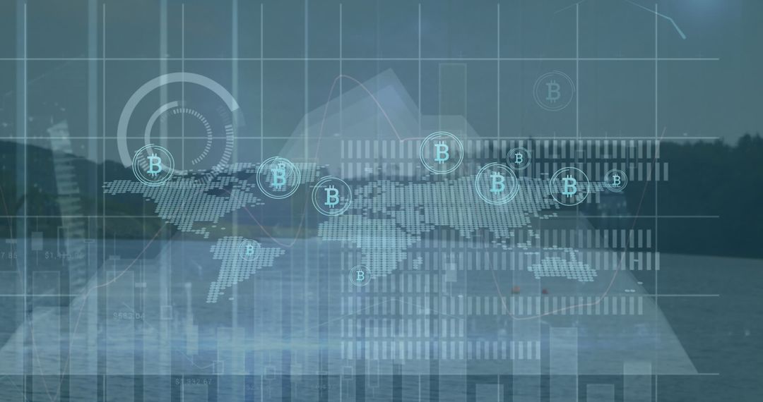 Digitally Generated Globe with Bitcoin and Financial Graphs