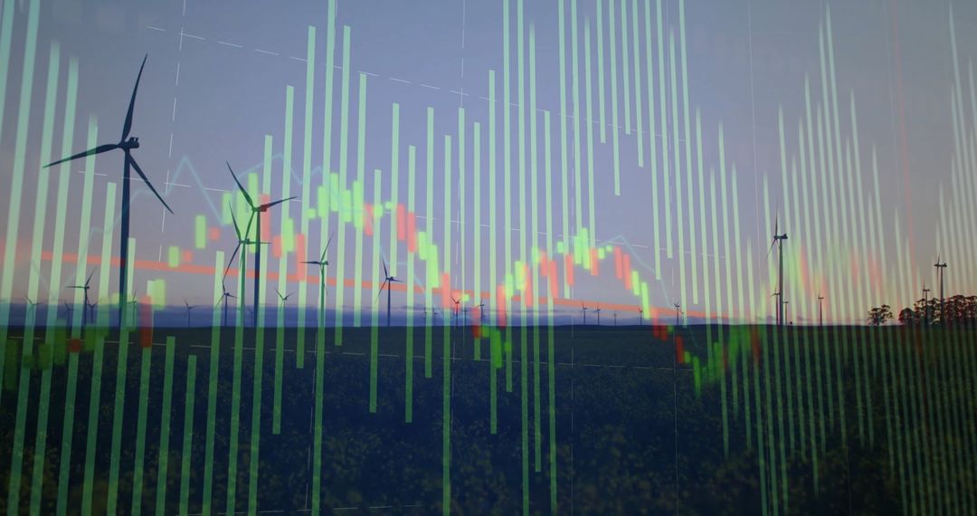 Wind Turbines with Overlay of Financial Charts at Dusk