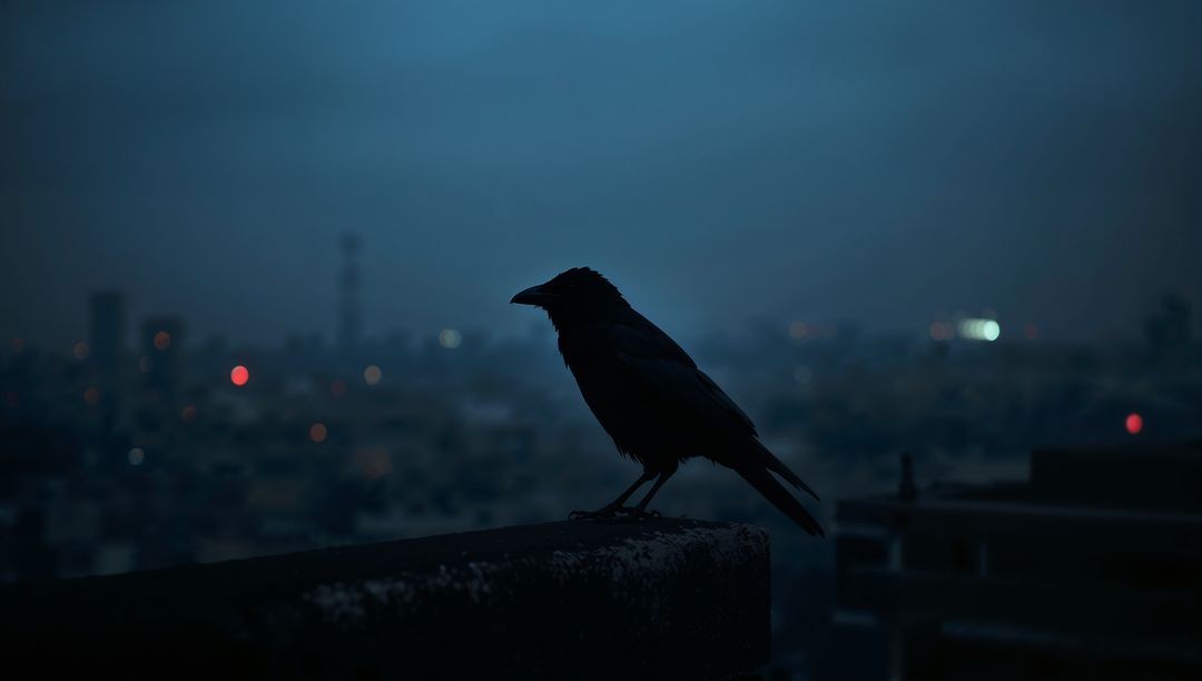 Crow Silhouette Against Urban Skyline at Nightfall
