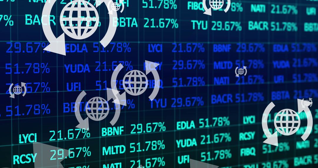 Futuristic Digital Ticker Display with Rotating Globe Icons