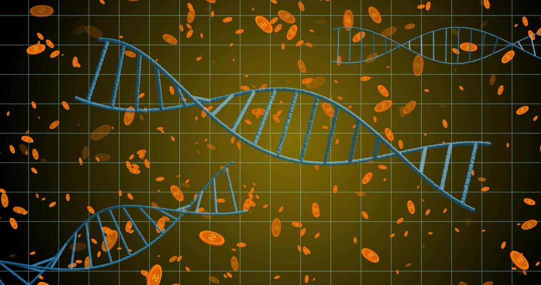 Futuristic Biotechnology Concept with DNA Helix and Digital Tokens