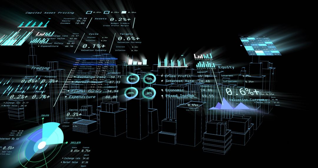 Holographic 3D Data City Visualization with Neon Bar Charts and Financial Dashboards