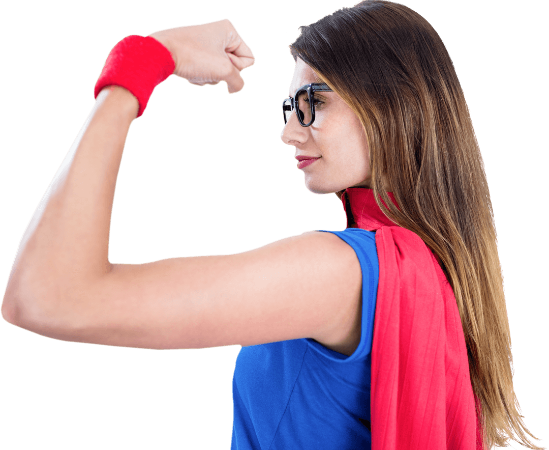Confident Woman Flexing Transparent Superhero Style