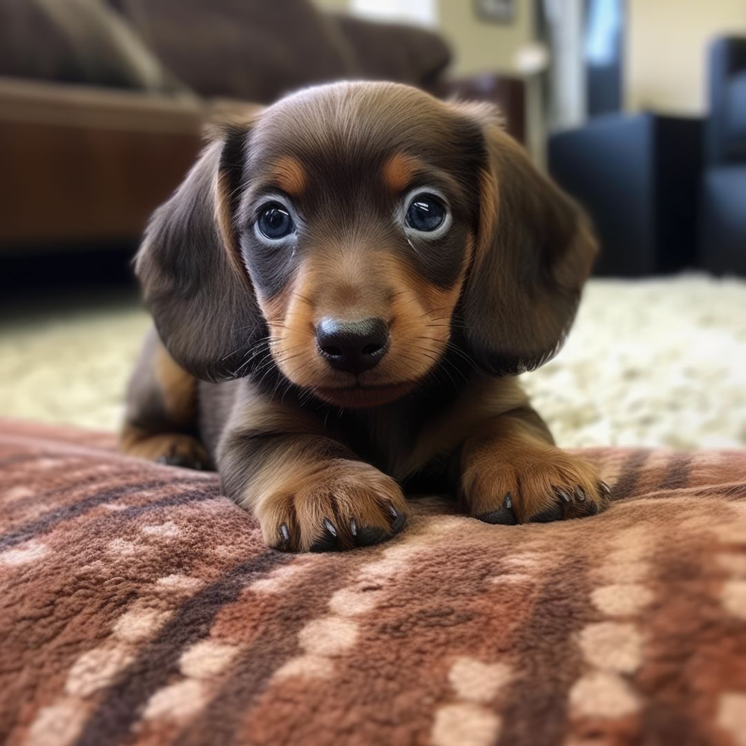 Adorable Dachshund Puppy with Curious Eyes Resting on Cozy Blanket Indoors - Free Images, Stock Photos and Pictures on Pikwizard.com