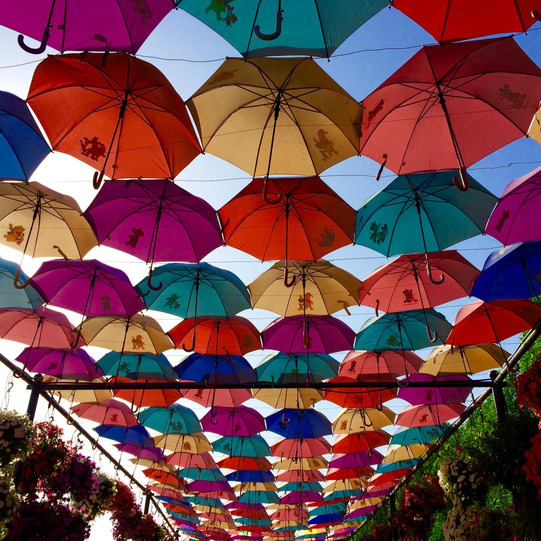 Colorful Umbrellas Hanging Against Blue Sky - Free Images, Stock Photos and Pictures on Pikwizard.com