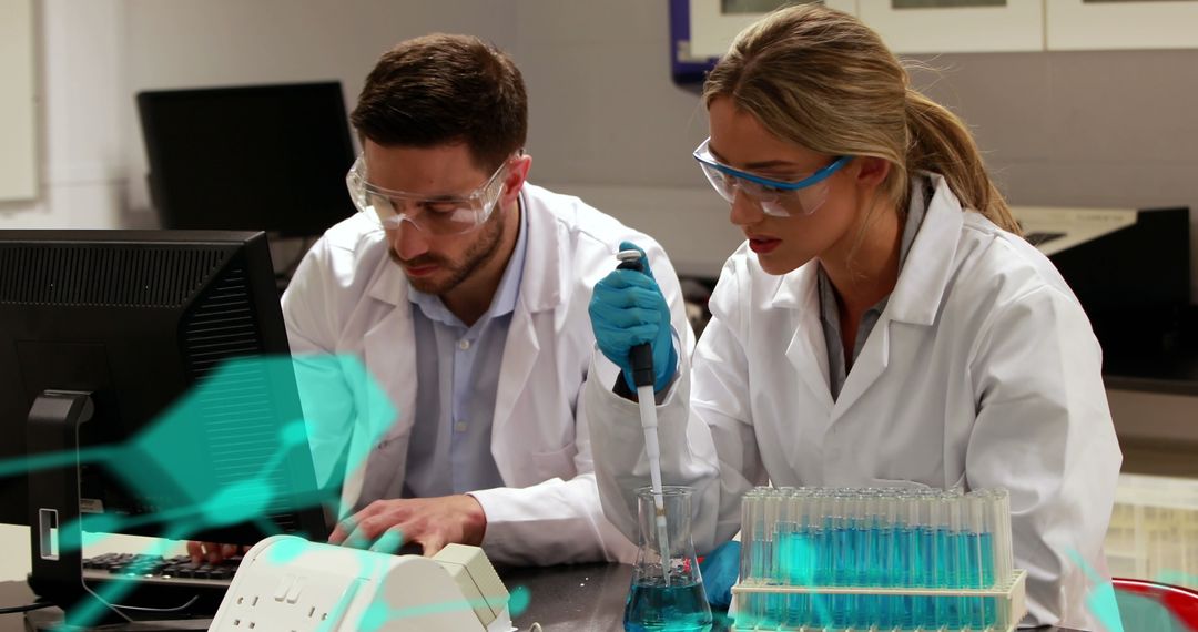 Scientists Conducting Experimental Analysis with High-Tech Data Overlay