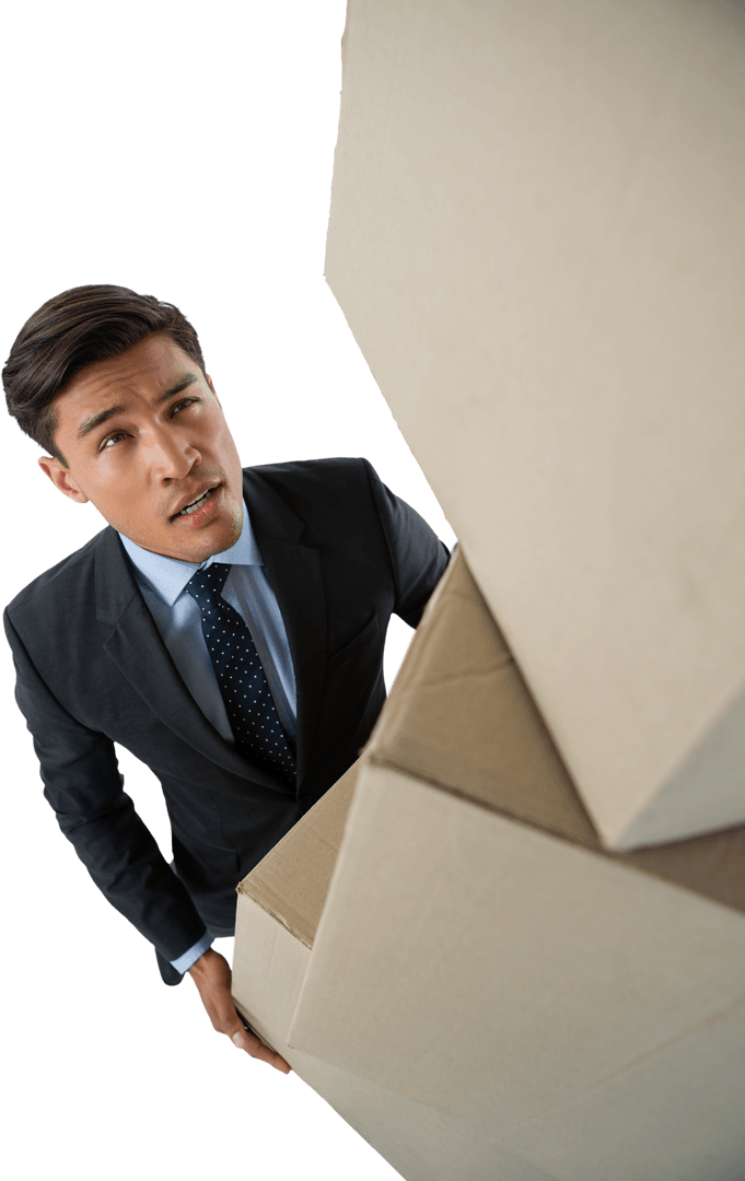 Transparent Businessman Struggling with Office Boxes