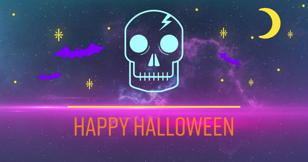 Neon Halloween Delight with Skull and Bats on Cosmic Background