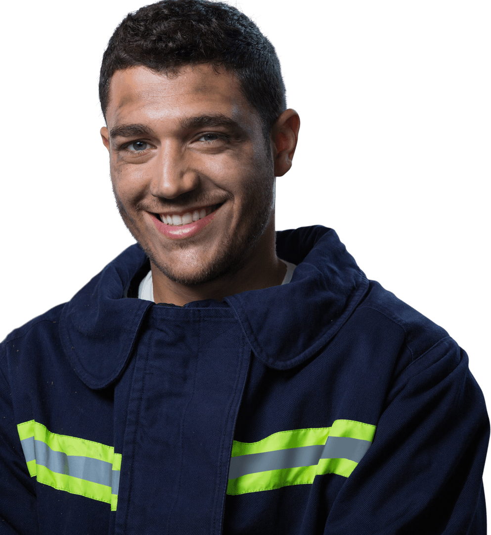Smiling Caucasian Firefighter in Transparent Uniform