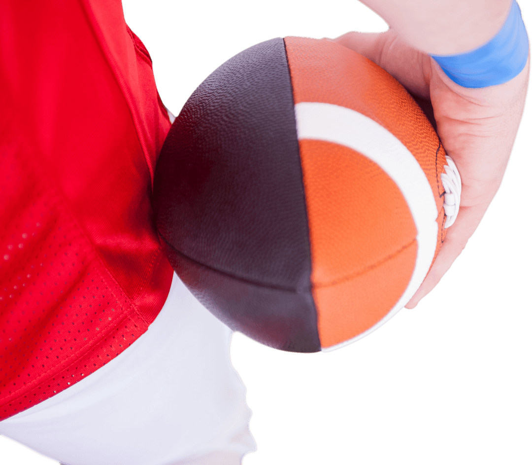 American Football Player Holding Ball in Game Action Pose Transparent
