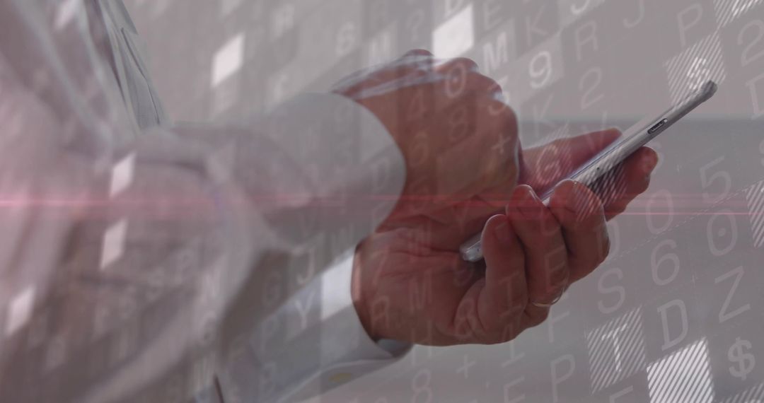 Senior Japanese Executive Tapping Smartphone with Code Overlay