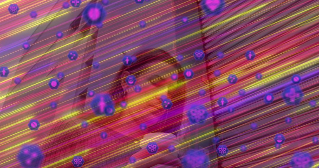 Man with Smartphone Scrolling Social Media Amidst Neon Streaks