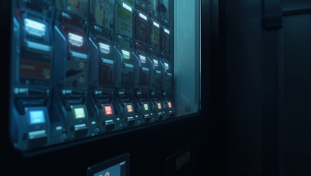 Futuristic vending kiosk with illuminated glass cartridges and contactless payment panel