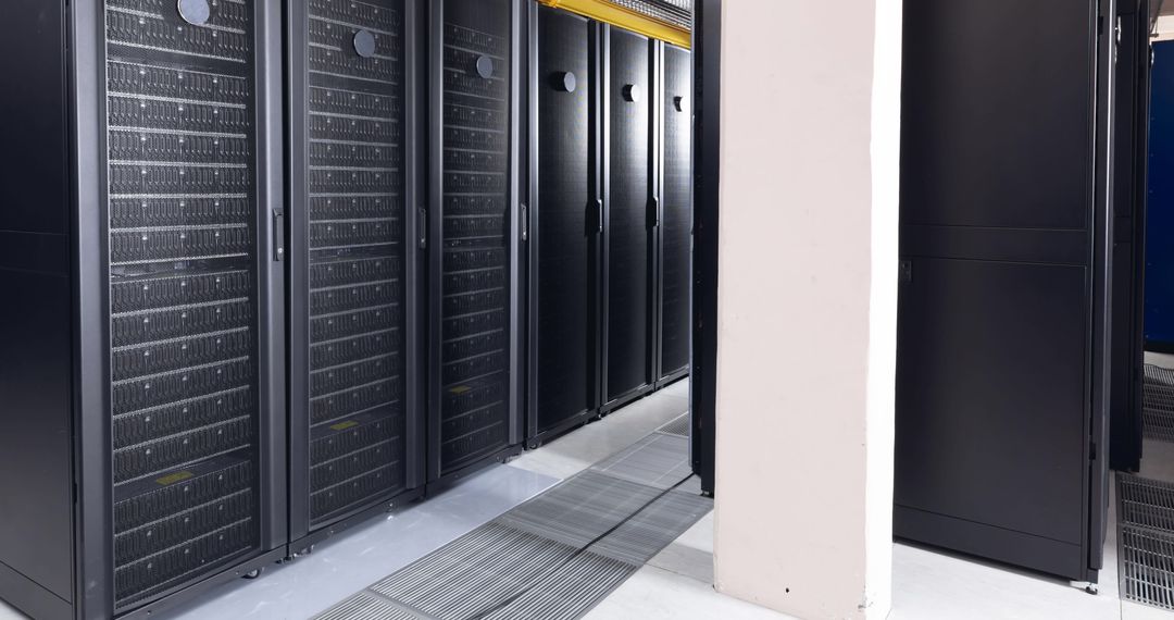 Modern Data Center Interior with Rows of Server Racks