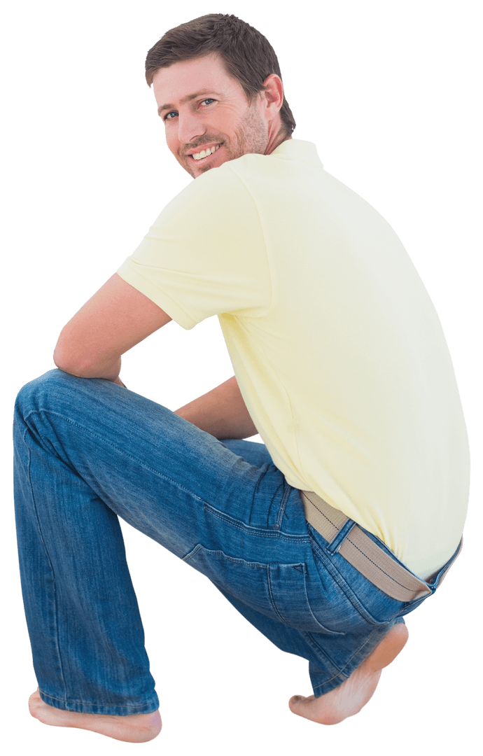 Transparent Smiling Man Squatting in Casual Attire