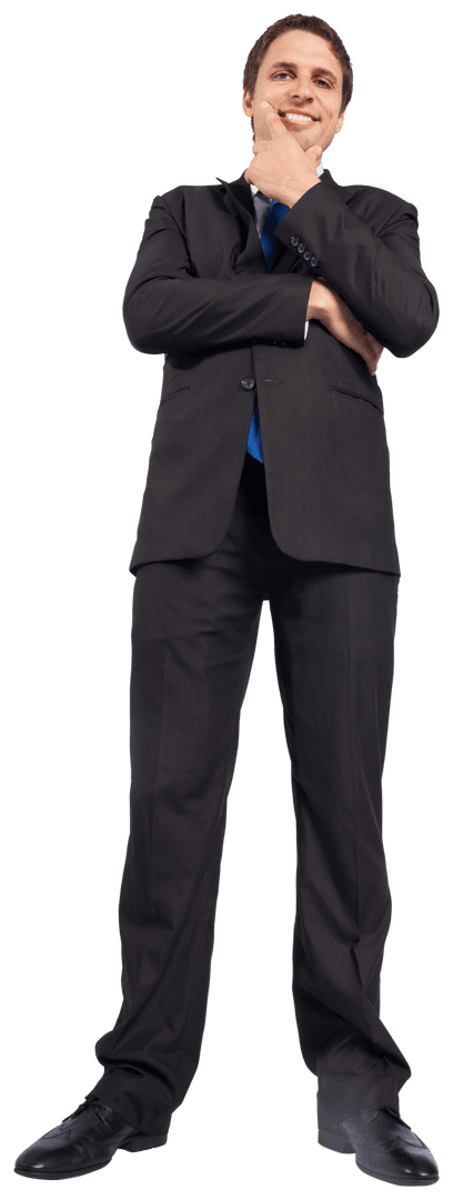 Transparent Smiling Businessman Posing Confidently with Hand on Chin