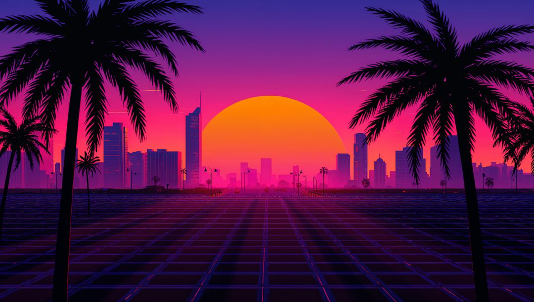Neon Sunset Bathing Retro City Grid with Palm Tree Silhouettes and Reflective Horizon