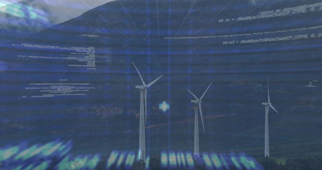 Wind Turbines Rotating with Glitchy Digital Overlay for Renewable Energy Technology