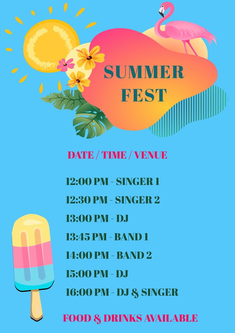 Vibrant Summer Fest Poster with Flamingo and Popsicle