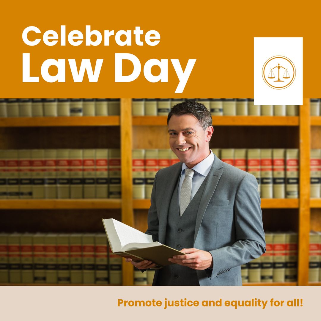 Smiling Lawyer Holding Book in Library Celebrating Law Day