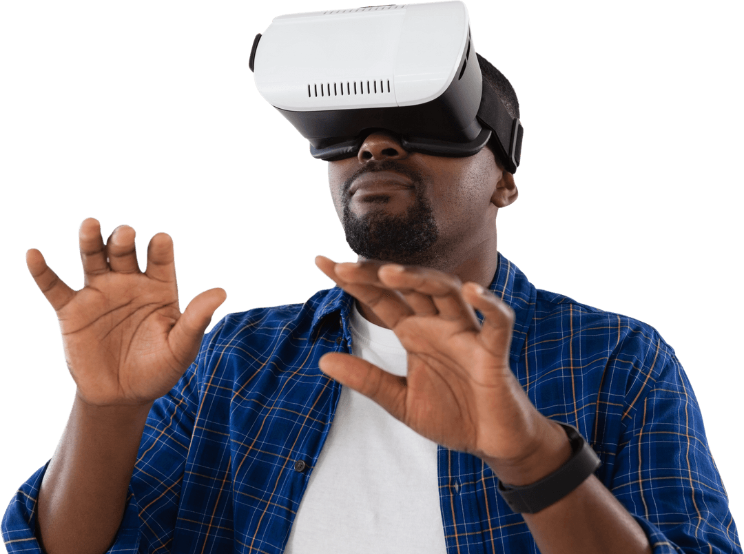 Transparent VR Technology Experience with Man in Plaid Shirt