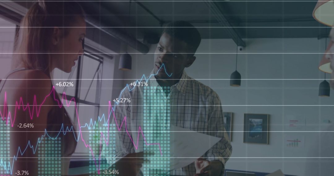 Colleagues Discussing with Data Visualizations Overlay