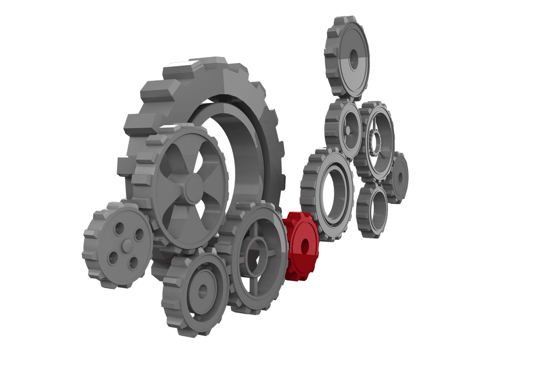 Interconnected Mechanical Gears on Transparent Background
