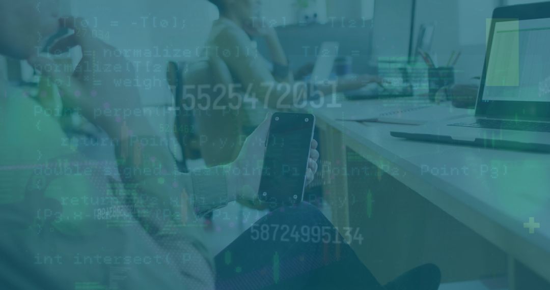 Man Holding Smartphone Overlay with Data Code in Modern Office