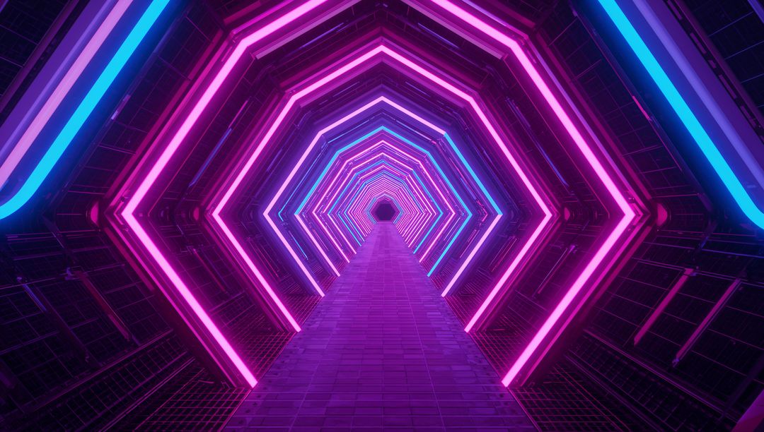 Futuristic Neon Tunnel with Vibrant Hexagonal Pathway