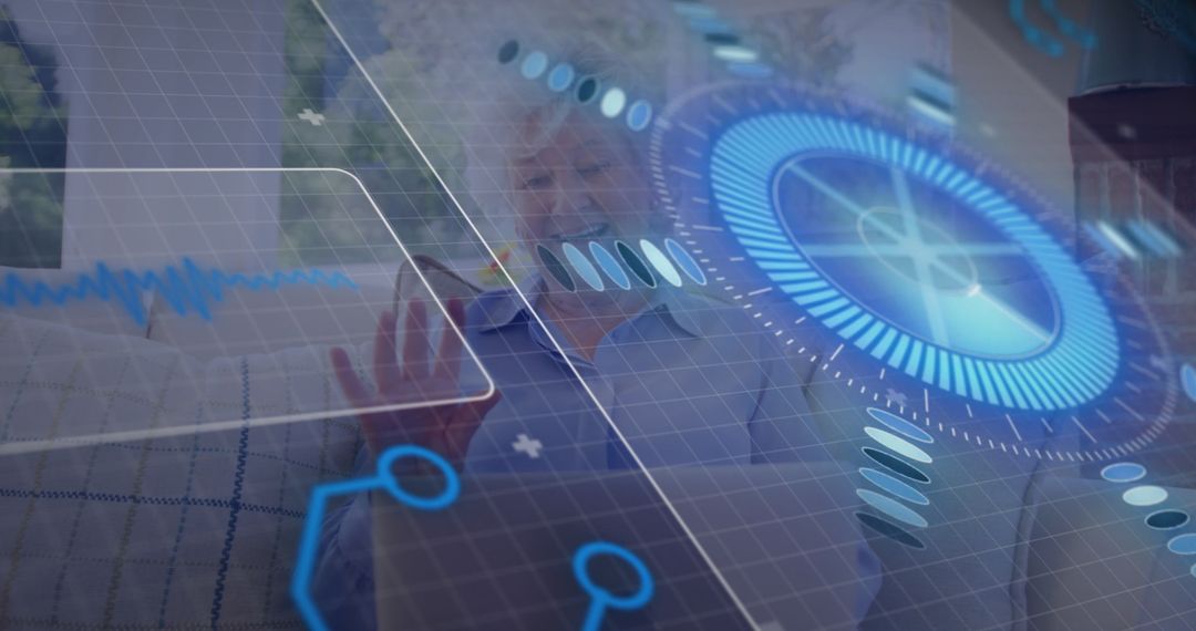 Senior Woman Interacting with Innovative Holographic Technology