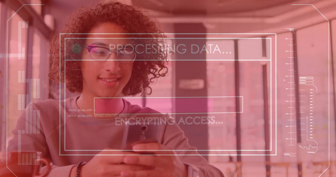 Young Biracial Man Using Smartphone with Digital Data Overlay