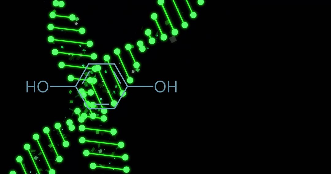 Green DNA Strand with Chemical Structure on Black Background