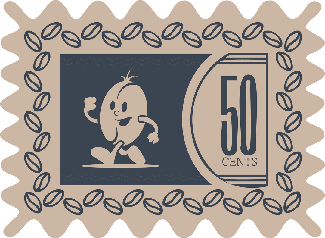 Vintage Cartoon Coffee Bean Stamp with 50 Cents, Transparent Background