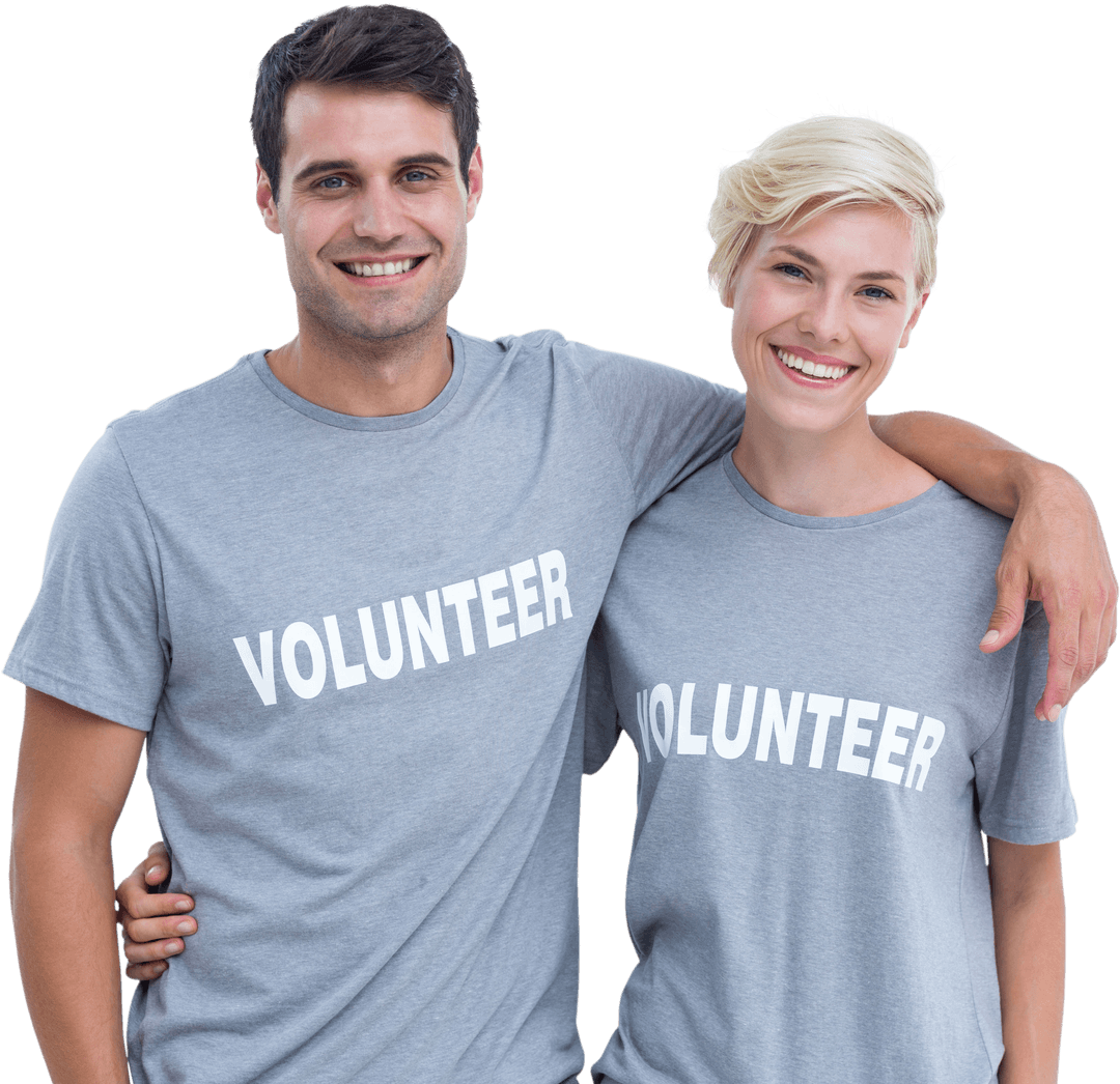 Smiling Caucasian Couple Wearing Volunteer Shirts on Transparent Background