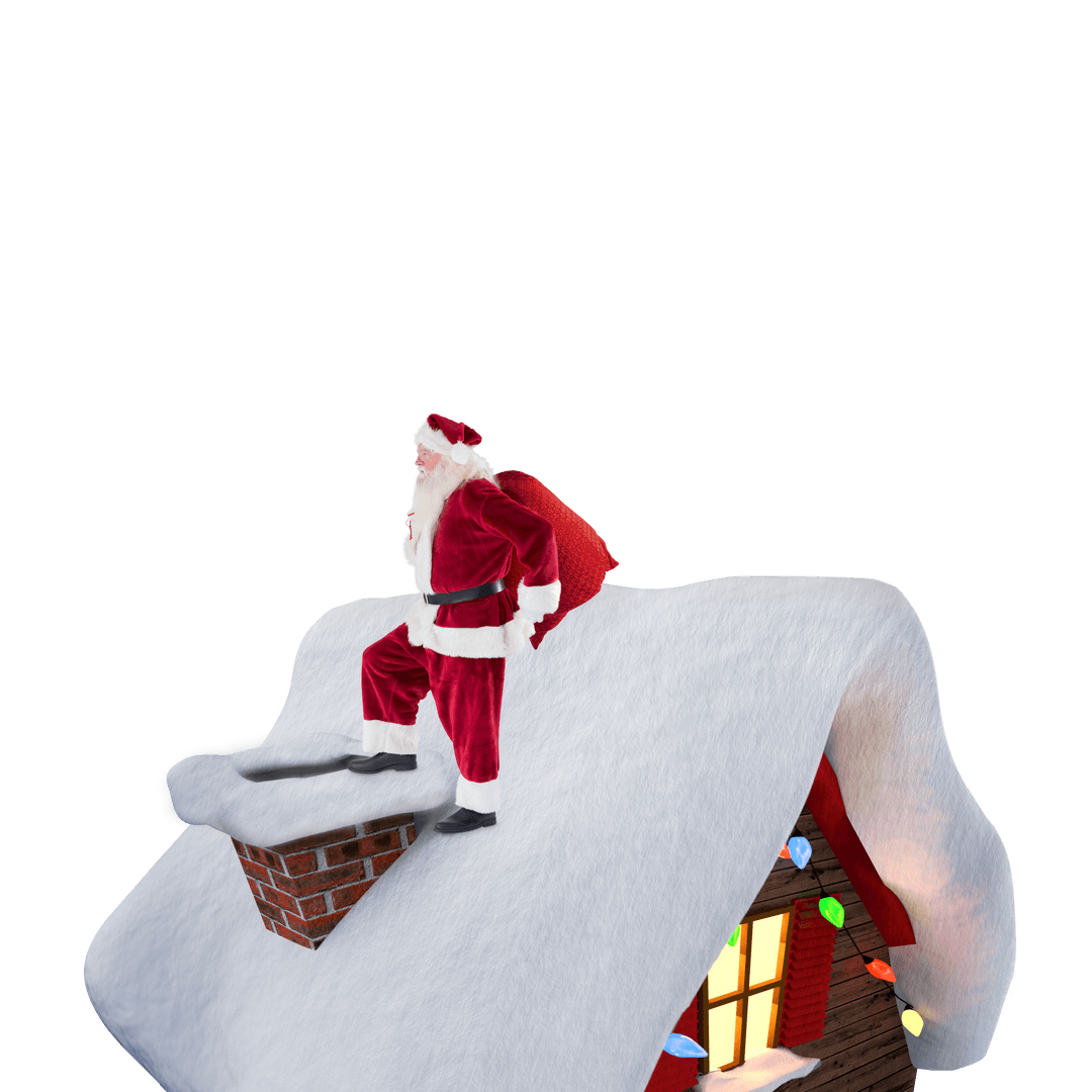 Santa Claus on Snowy Roof Transparent Background