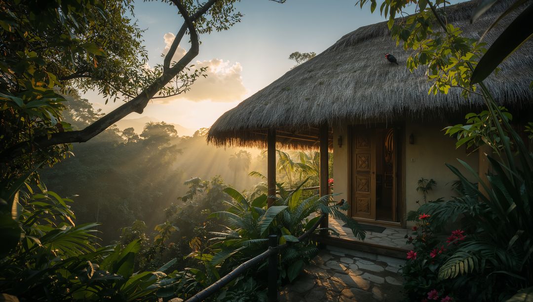 Sunrise rays bathing thatched ecolodge on misty rainforest hillside with carved wooden door