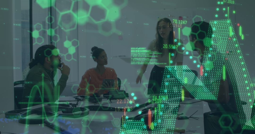 Diverse Team Analyzing Data in High-Tech Office Environment