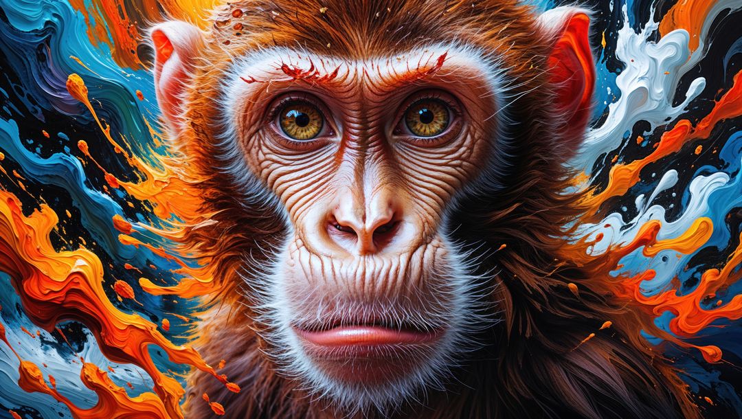 Vibrant macaque monkey portrait in crazy dynamic swirls
