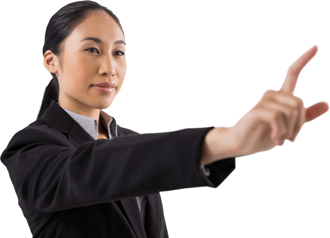 Asian Businesswoman Interacting With Transparent Virtual Display