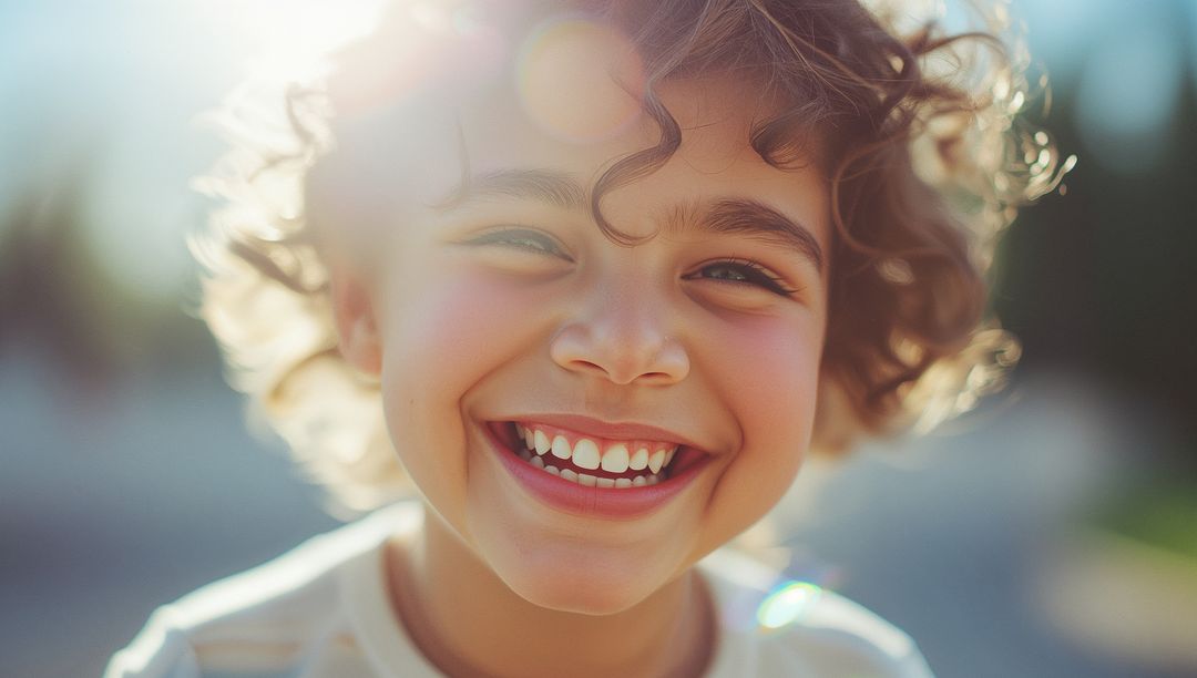 Radiant Smile of Curly-haired Child Under Sunlight