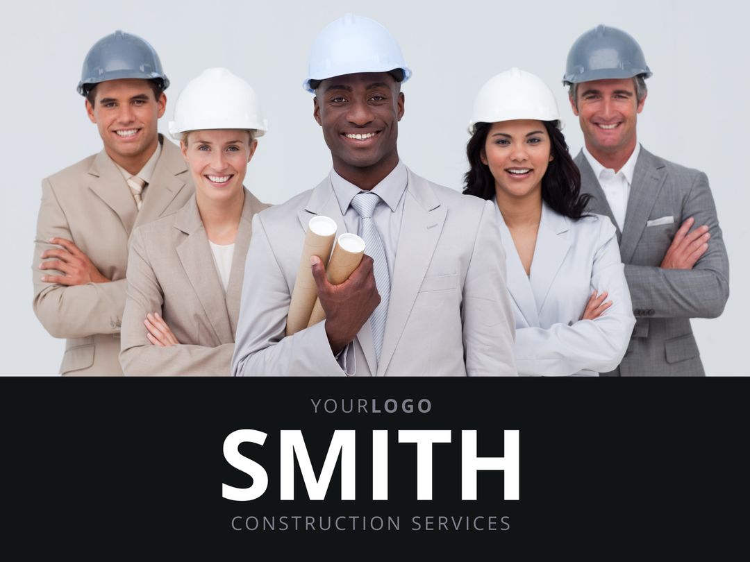 Diverse Construction Team Wearing Hard Hats Presenting Reliable Services - Download Free Stock Templates Pikwizard.com