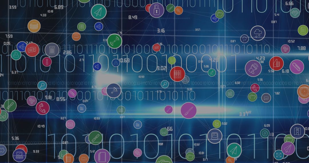 Binary Code and Digital Icons Over World Map Background