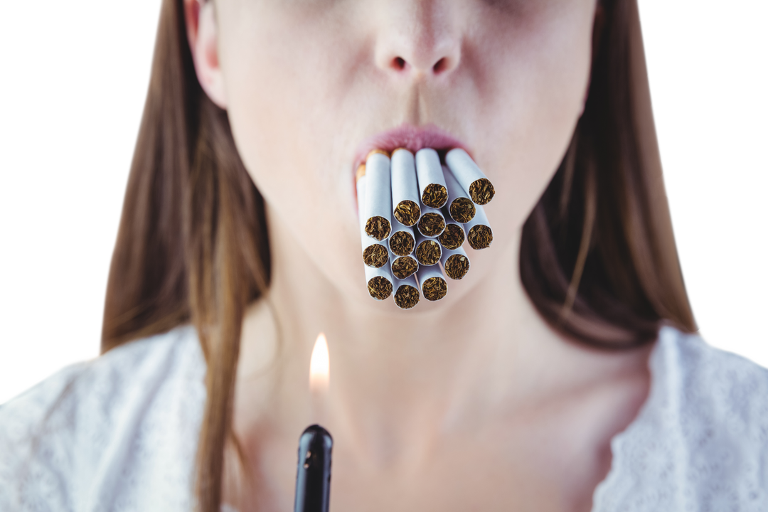 Woman With Many Cigarettes in Mouth and Lighter - Download Free Stock Images Pikwizard.com