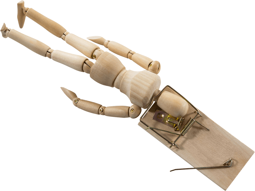 Transparent Wooden Figurine Caught in Mousetrap Symbolizes Trapped Concept