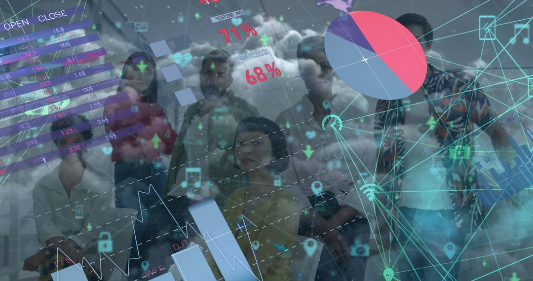 Modern Business Team Analyzing Data with Futuristic Interface