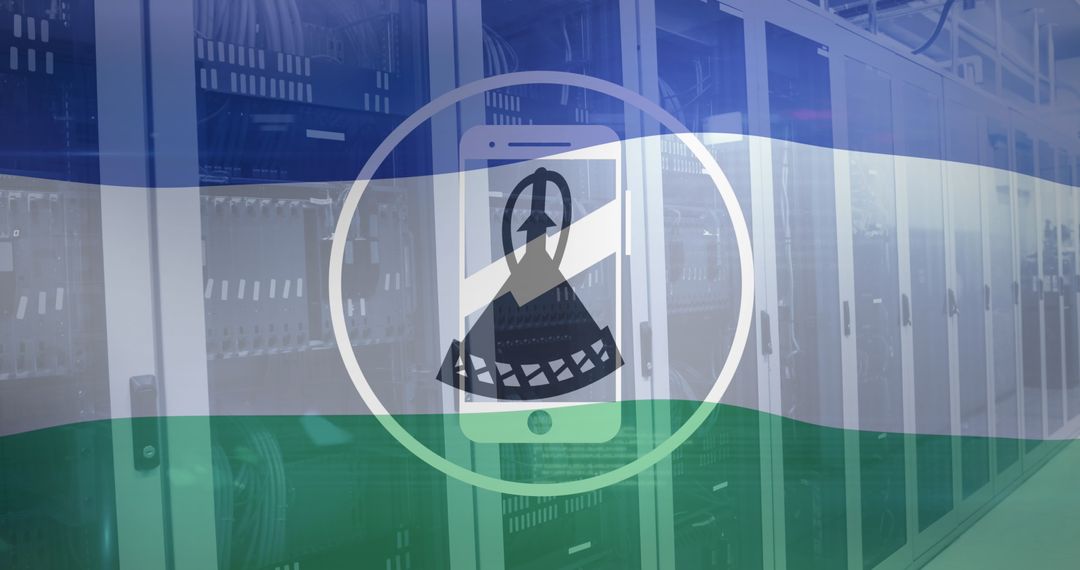 Lesotho Flag Overlay on Mobile Device Over Data Servers