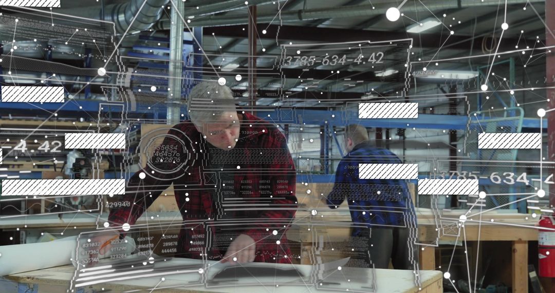 Carpenter inspecting workshop plans with AR overlay for precision woodworking